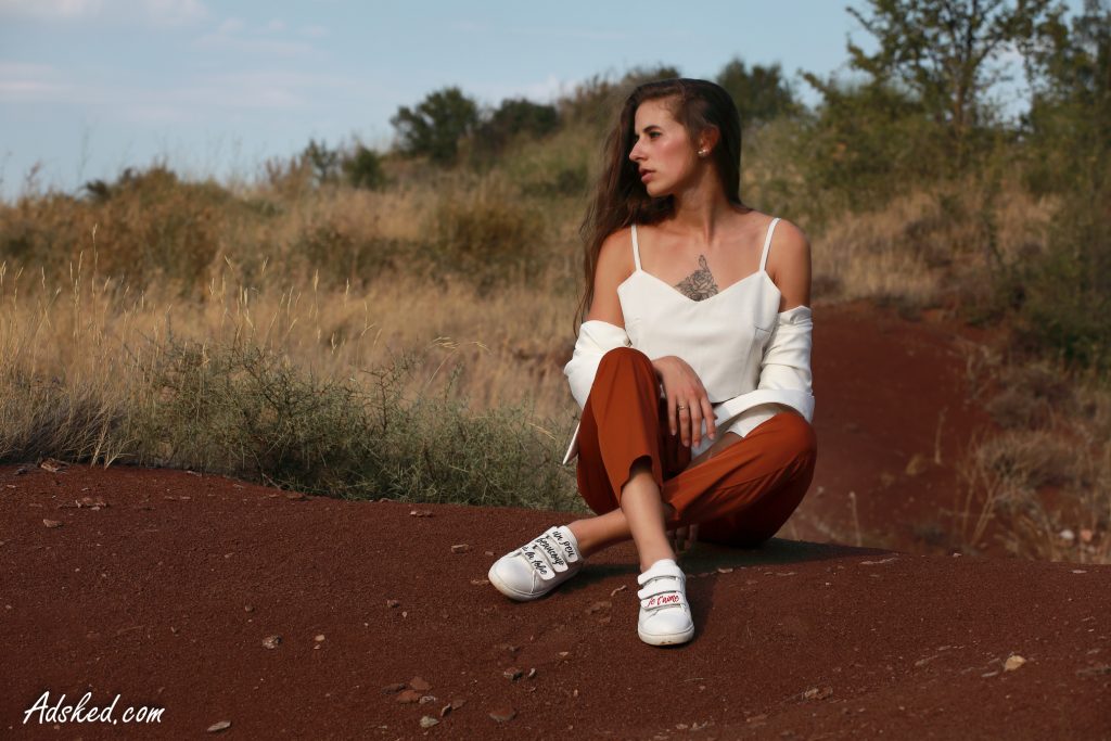 young lady on a red ground